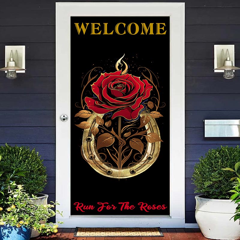 Lofaris Welcome Gold Horseshoes Red Rose Black Door Cover