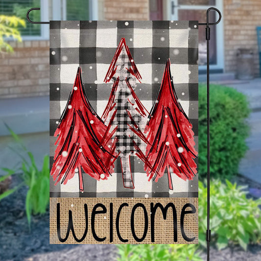 Lofaris Welcome Pine Trees Checkered Christmas Garden Flag