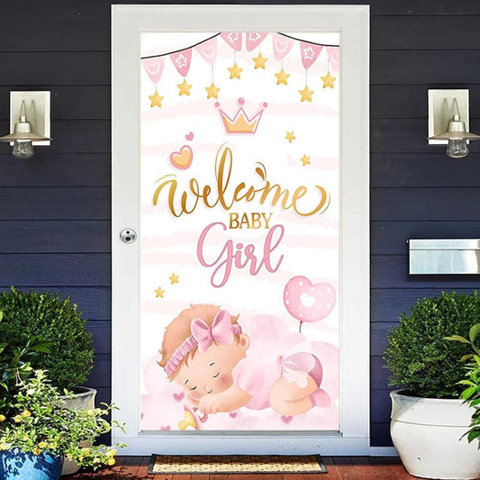 Lofaris Welcome Pink Sleeping Girl Baby Shower Door Cover