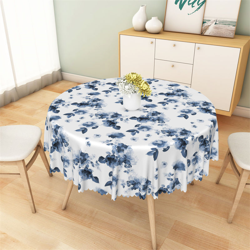Lofaris White And Blue Floral Ink Patterns Round Tablecloth