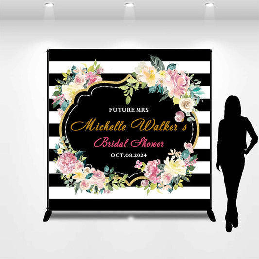 Lofaris White Black Stripe Floral Custom Bridal Shower Backdrop