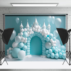 Lofaris White Blue Balloon Castle Birthday Cake Smash Backdrop