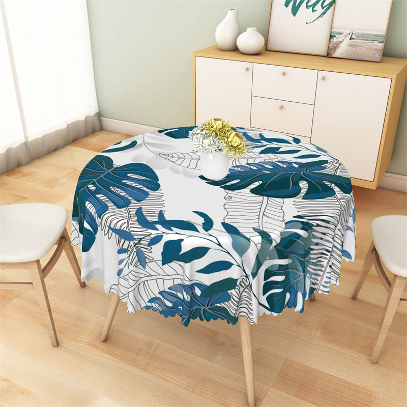 Lofaris White Blue Black Tropical Plants Round Tablecloth
