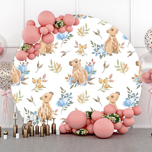 Lofaris White Blue Floral Wombat Round Birthday Backdrop