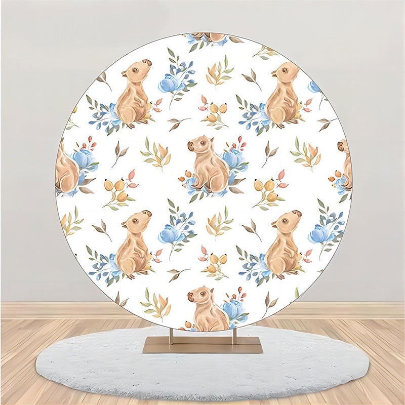 Lofaris White Blue Floral Wombat Round Birthday Backdrop