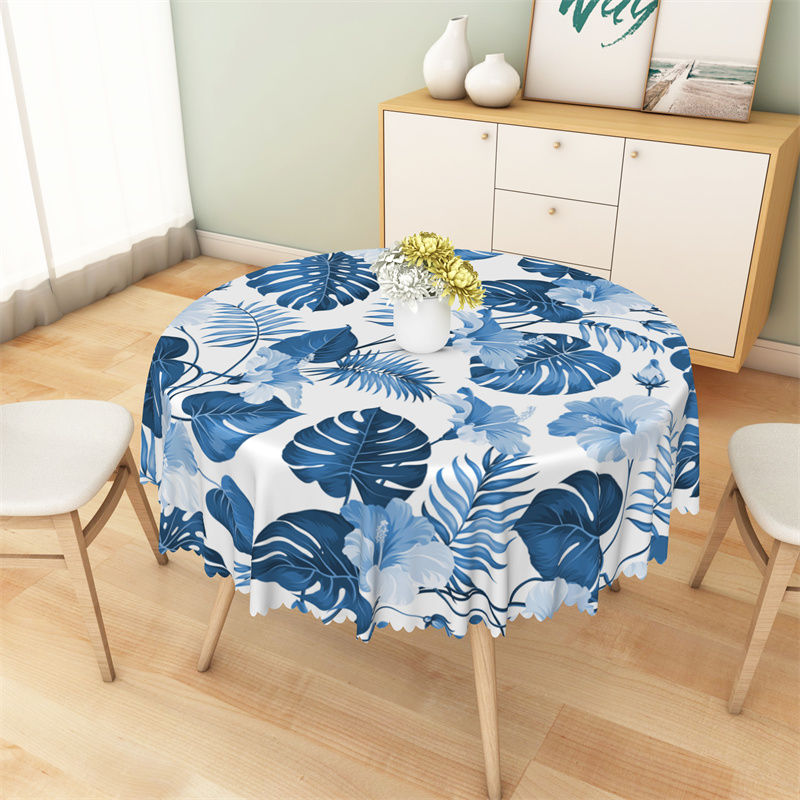 Lofaris White Blue Flowers Tropical Leaves Round Tablecloth