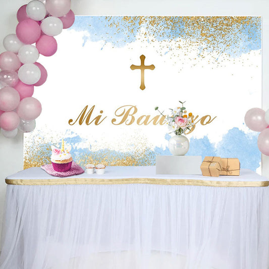 Lofaris White Blue Gold Cross Mi Bautizo Baptism Backdrop