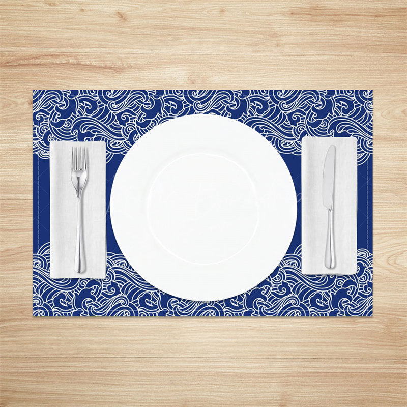 Lofaris White Blue Waves Pattern Dining Set Of 4 Placemats