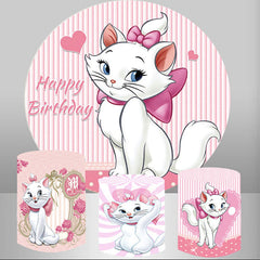 Lofaris White Cat Pink Heart Round Birthday Backdrop Kit