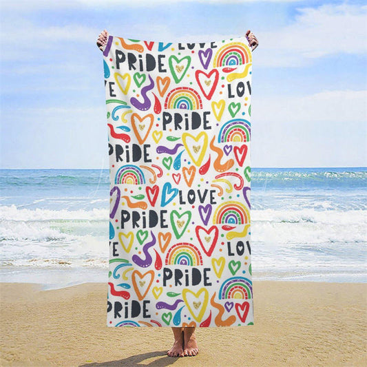 Lofaris White Colorful Heart Rainbow Pride Month Beach Towel