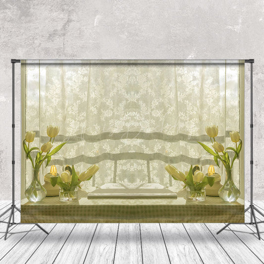 Lofaris White Curtain Floral Table Spring Photo Backdrop