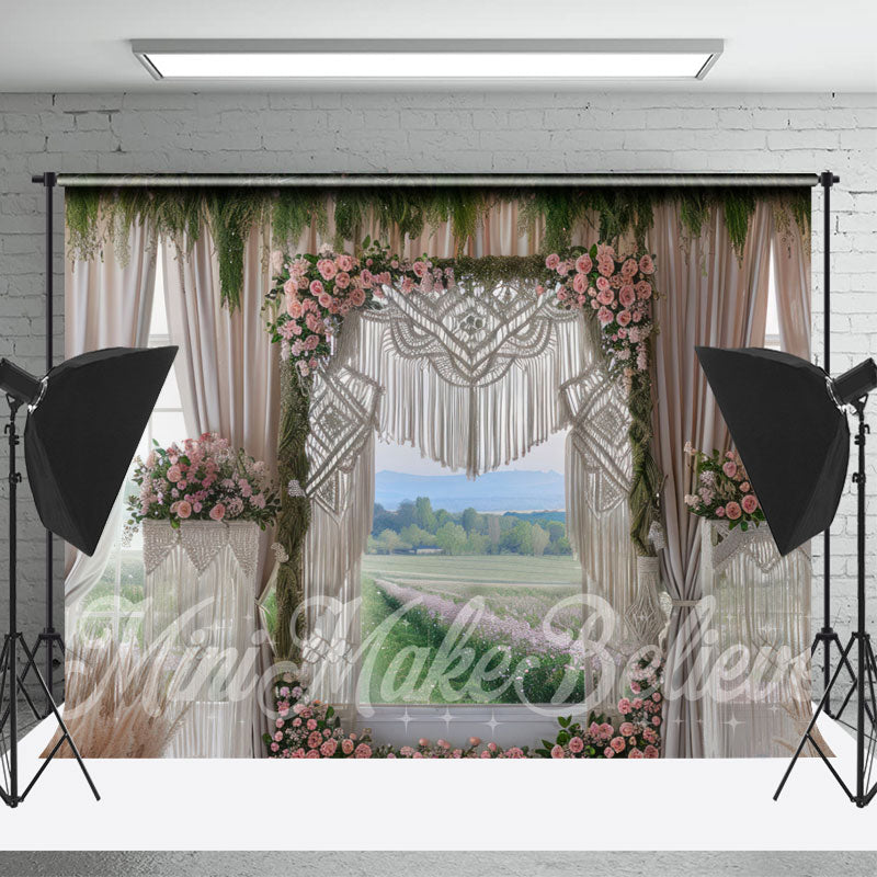 Lofaris White Curtain Green Plant Pink Flowers Boho Backdrop