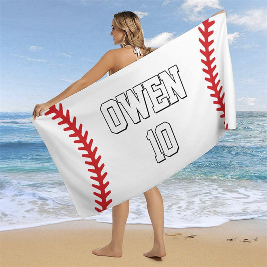 Lofaris White Custom Name Baseball 10th Boy Beach Towel