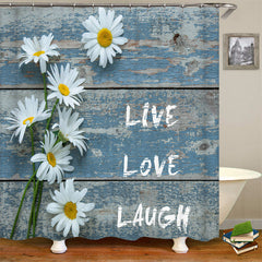 Lofaris White Daisy Live Love Laugh Blue Wood Shower Curtain