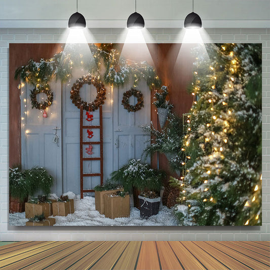 Lofaris White Door Tree Wreath Christmas Photo Backdrop