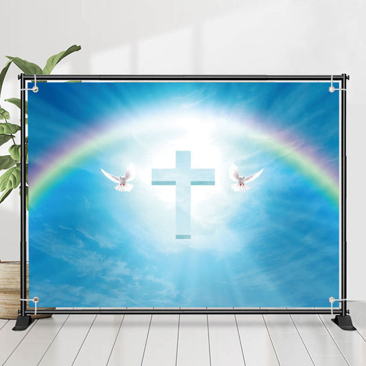 Lofaris White Dove Cross Rainbow Blue Sky Baptism Backdrop