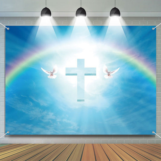 Lofaris White Dove Cross Rainbow Blue Sky Baptism Backdrop