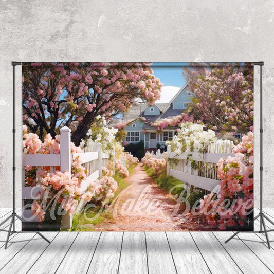 Lofaris White Fence Path Pink Flower Tree Spring Backdrop