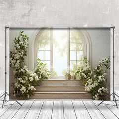Lofaris White Floral Balcony Window Stairs Spring Backdrop