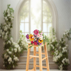 Lofaris White Floral Balcony Window Stairs Spring Backdrop