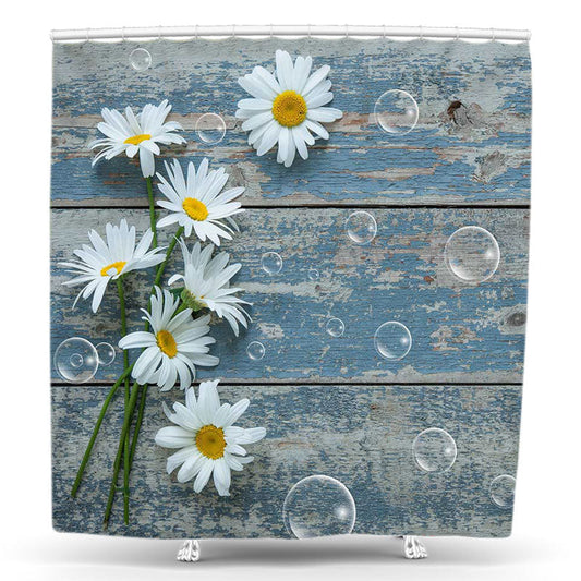 Lofaris White Floral Broken Blue Wood Bubble Shower Curtain