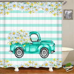 Lofaris White Floral Green Cart Shower Curtain For Bathtub