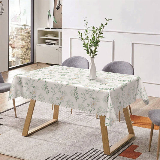 Lofaris White Floral Greenery Spring Rectangle Tablecloth