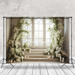 Lofaris White Floral Window Stairs Candle Spring Backdrop