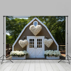 Lofaris White Floral Wooden House Valentines Day Backdrop