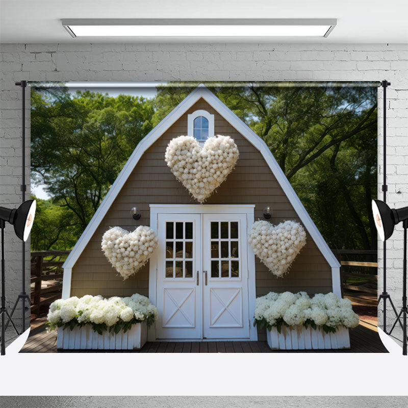 Lofaris White Floral Wooden House Valentines Day Backdrop