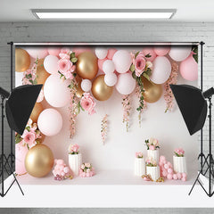 Lofaris White Gold Balloons Pink Flower Cake Smash Backdrop