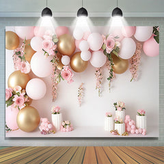 Lofaris White Gold Balloons Pink Flower Cake Smash Backdrop