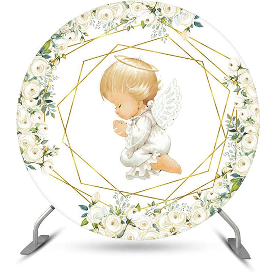Lofaris White Gold Floral Leaves Angel Baby Baptism Backdrop
