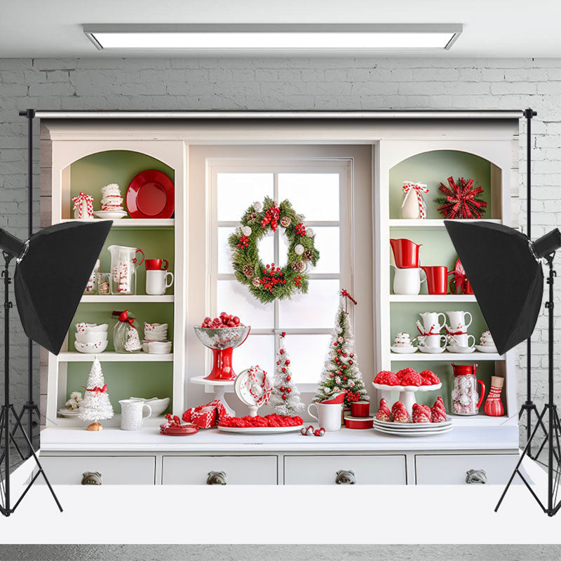 Lofaris White Green Christmas Kitchen Photoshoot Backdrop