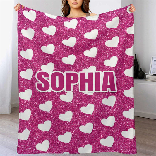 Lofaris White Heart Pink Custom Name Valentines Day Blanket