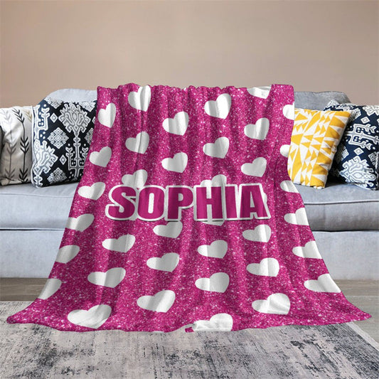 Lofaris White Heart Pink Custom Name Valentines Day Blanket