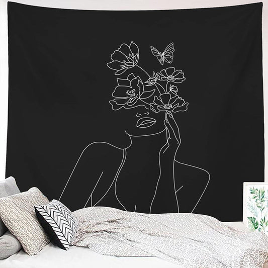 Lofaris White Lines Flower Woman Black Tapestry For Bedroom