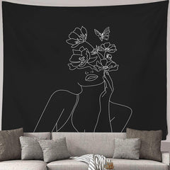 Lofaris White Lines Flower Woman Black Tapestry For Bedroom
