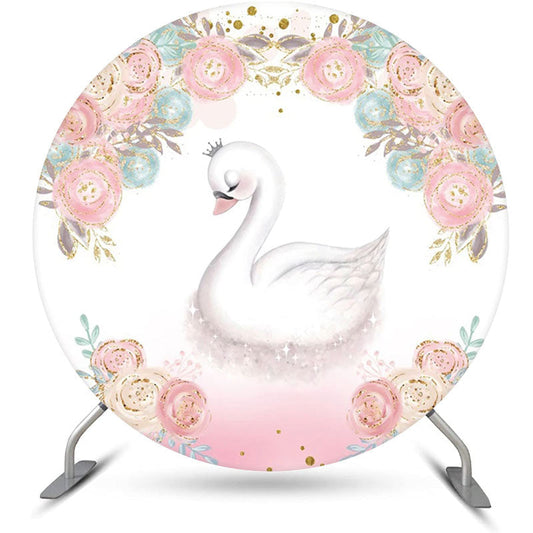 Lofaris White Pink Blue Floral Swan Round Birthday Backdrop