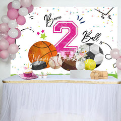 Lofaris White Pink Born 2 Ball Sports Backdrop For Birthday