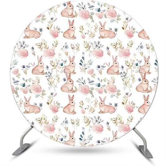 Lofaris White Pink Bunny Greenery Round Birthday Backdrop