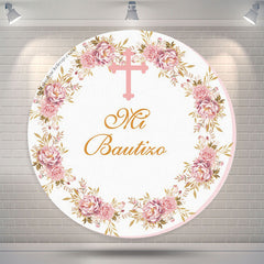 Lofaris White Pink Floral Cross Round Backdrop For Baptism