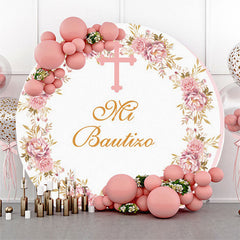 Lofaris White Pink Floral Cross Round Backdrop For Baptism