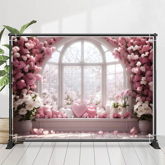 Lofaris White Pink Floral Heart Elegant Window Backdrop