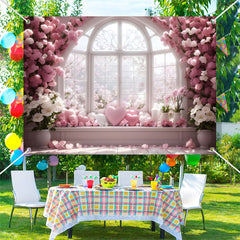 Lofaris White Pink Floral Heart Elegant Window Backdrop