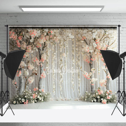Lofaris White Pink Floral Trees Curtain Spring Photo Backdrop