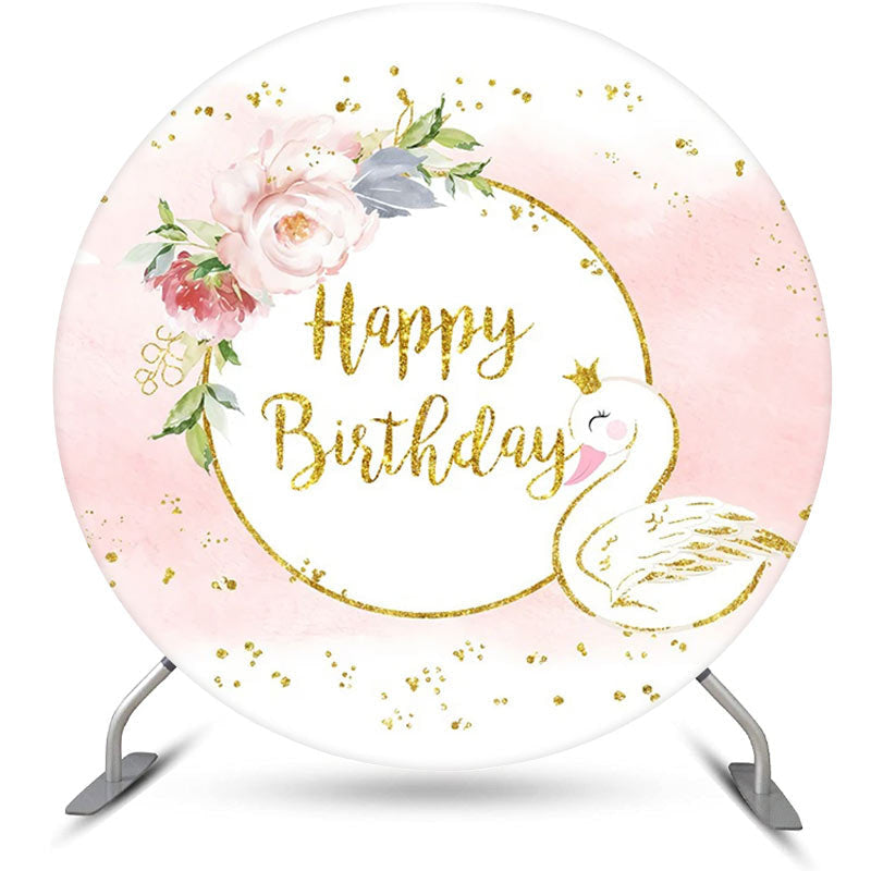 Lofaris White Pink Gold Floral Swan Round Birthday Backdrop