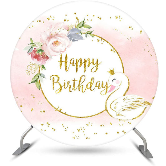Lofaris White Pink Gold Floral Swan Round Birthday Backdrop