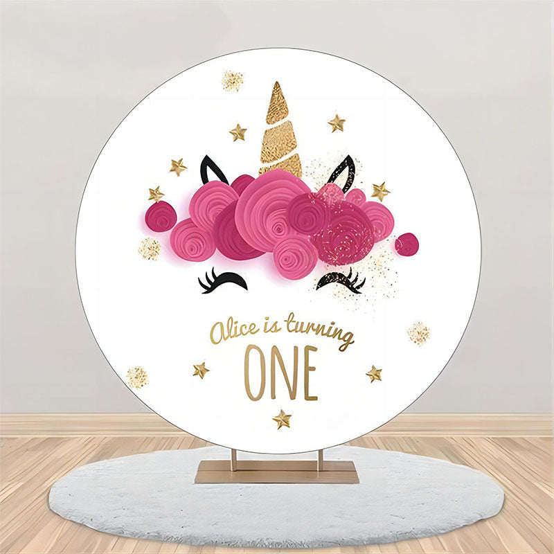 Lofaris White Pink Gold Unicorn Round 1st Birthday Backdrop