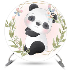 Lofaris White Pink Greenery Panda Round Baby Shower Backdrop